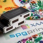 Innovation in dye sublimation at ITMA 2019 Images show Xaar 5601 printhead together with samples printed with the Xaar 5601 using waterborne sublimation inks that SPG specially created for this printhead. Samples printed single- pass at 100m/min and in dual colour mode
