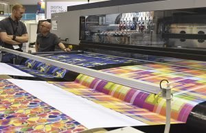 Durst also showcased their Advanced Pigment Ink system (where the binder is in the Pigment Ink) at ITMA 2019, which gives a one-step print process with exemplary wash and light fastness with no requirement for pre-coating. Credit: FESPA.