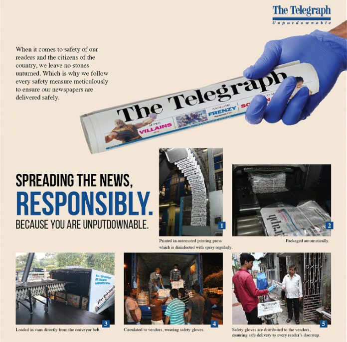 ABP’s Telegraph in Calcutta, India, produces an advertisement showing the safety measures — from production to distribution to street sales — being undertaken to ensure print is safe for readers.