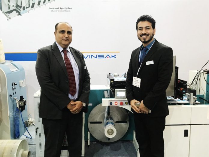 29Vinsak-at-Labelexpo-2018_3818 Ranesh Bajaj, director of Vinsak and Tilak Raj from the Marketing and Communications department of the company at Labelexpo India 2018.