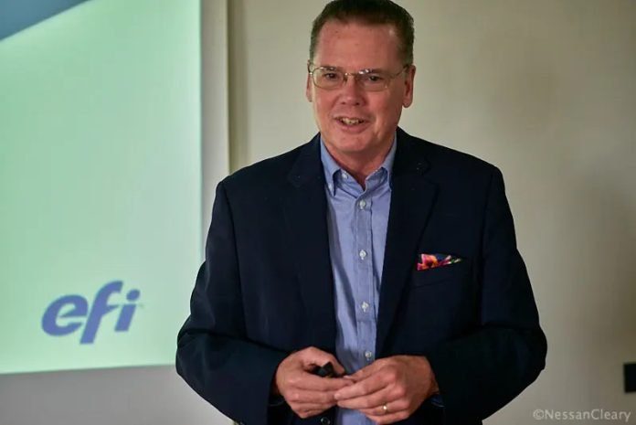 Scott Schinlever, EFI’s Chief Operating Officer speaks with journalists at ITMA Photo Nessan Cleary