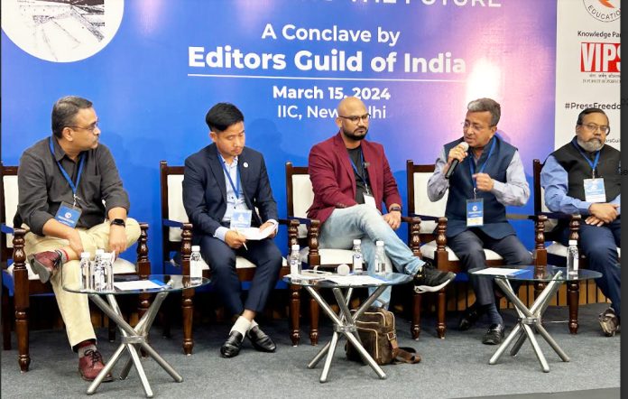 (L-R) Sugata Srinivasaraju, Amar Sangno, Sumit Chauhan, Ruben Banerjee and Snehasis Sur at the Editors Guild concave. They discussed the working conditions of journalists reporting beyond the metros. news