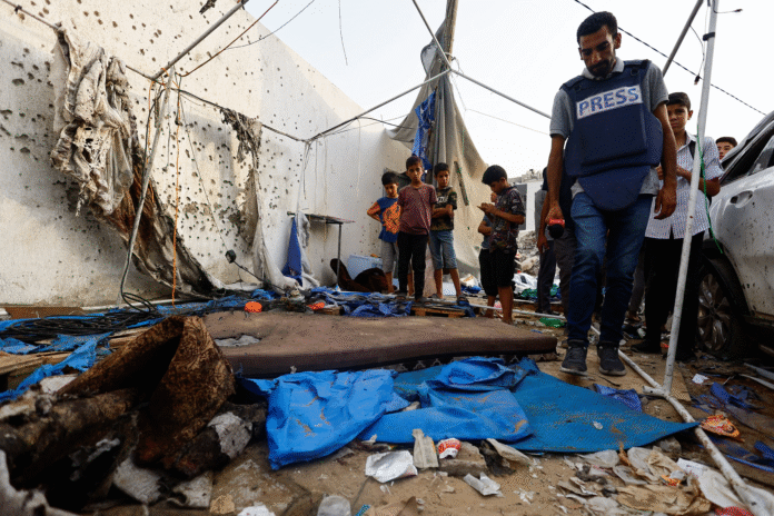 Day after a targeted Israeli strike on a tent near Gaza City's Al-Shifa Hospital on August 10, 2025, in which four Al Jazeera staff journalists and two freelancers were killed. (Photo: Reuters/Mahmoud Issa via CPJ)