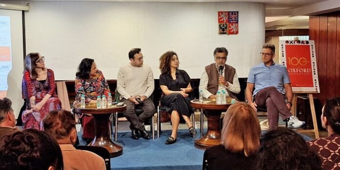 From L to R- Clara Nubile, Shobha Tharoor Srinivasan, Dipankar Mukherjee, Jackie Thomae, Amitabha Bagchi, Piotr Florczyk EUNIC