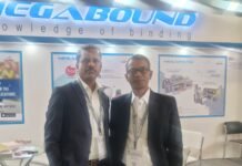 Megabound’s array of binding equipment at IntraPac N Srinivasa Reddy (Left), director of marketing, Megabound, at Intrapac India.
