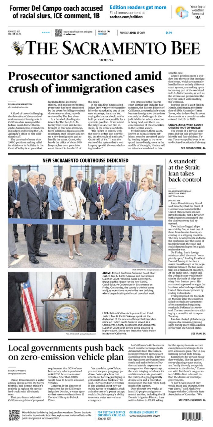 The Sacramento Bee Front page 12 April 2026 PDF McClatchy website